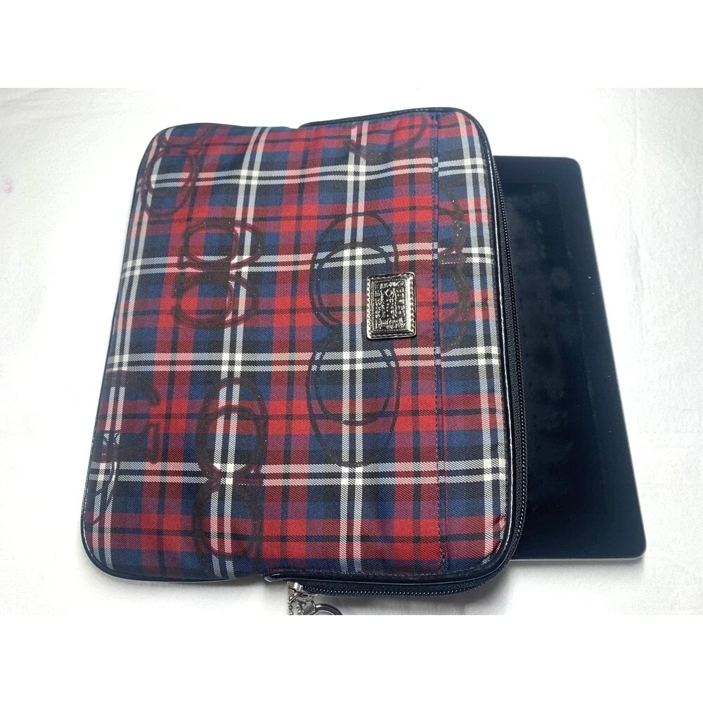 Coach Poppy Tartan Plaid Red Black Sparkle Tablet Case Zip Clutch Pockets